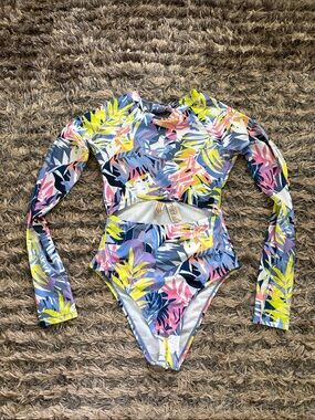 OP Long Sleeve Tropical Leaf One-Piece Swimsuit - Yellow, Pink, Blue